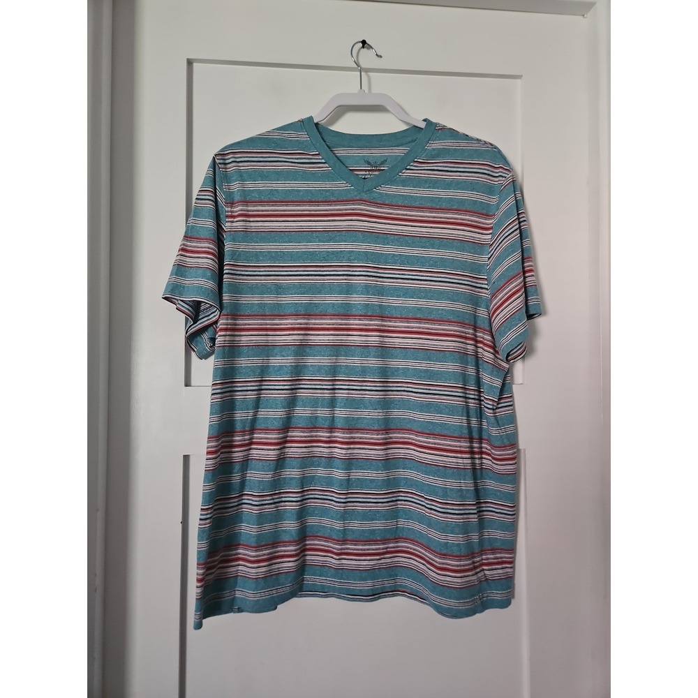 Y2K 2000s Faded Glory Heather Teal Striped Vneck T-Shirt Distressed XL - Picture 2 of 12
